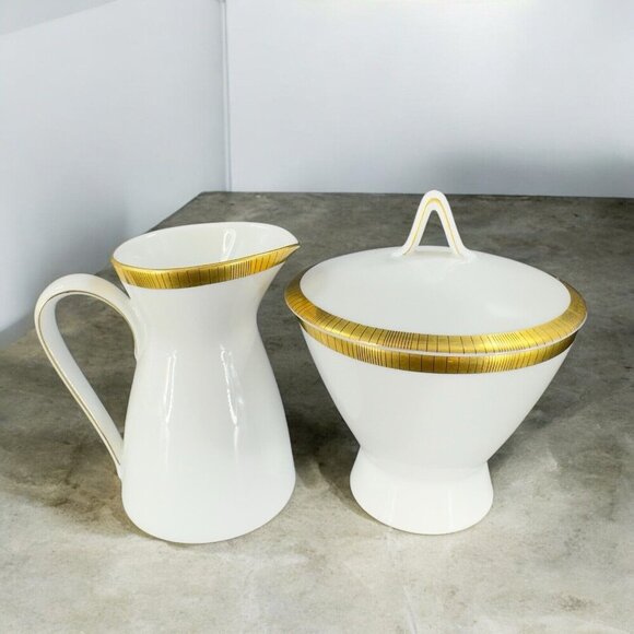 1956 Rosenthal Porcelain Sugar And Creamer Set White Gold Black Lines Vintage - Picture 1 of 15